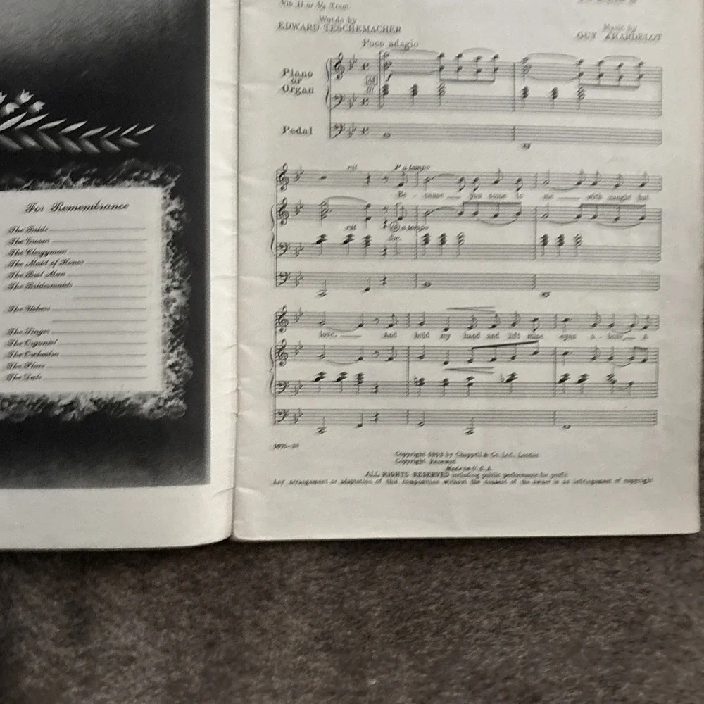 Wedding‎ Songs Piano Organ Words Sheet Music Book Chappell 1950 William Stickles
